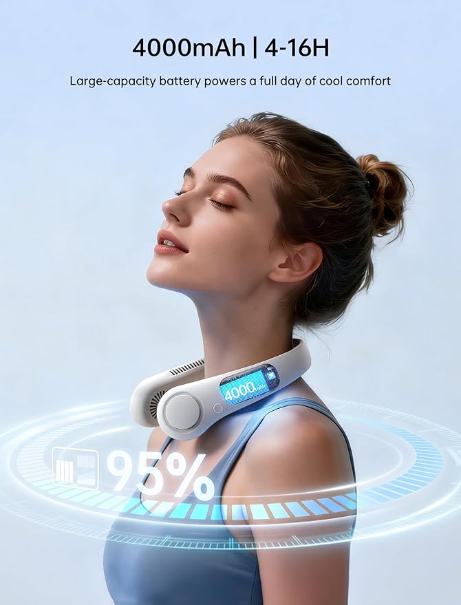 Portable Rechargeable Neck Fan – 4000mAh Bladeless Hands-Free Personal Cooling Fan with 5 Speed Settings